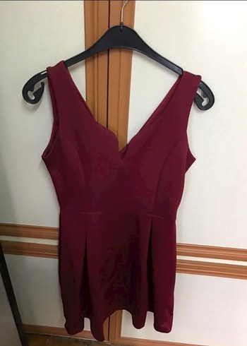 Bordo V Yakalı Mini Elbise - Görsel 2