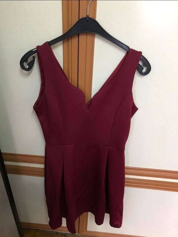 Bordo V Yakalı Mini  Elbise - Görsel 2