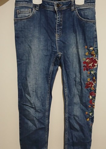 Nakışlı Düğmeli Bohem Kadın Kot Pantolon