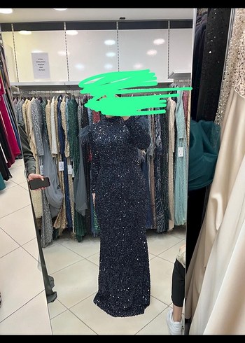 Koyu Lacivert Uzun Kollu Kürklü Abiye Elbise - Görsel 3