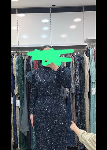 Koyu Lacivert Uzun Kollu Kürklü Abiye Elbise - Görsel 4