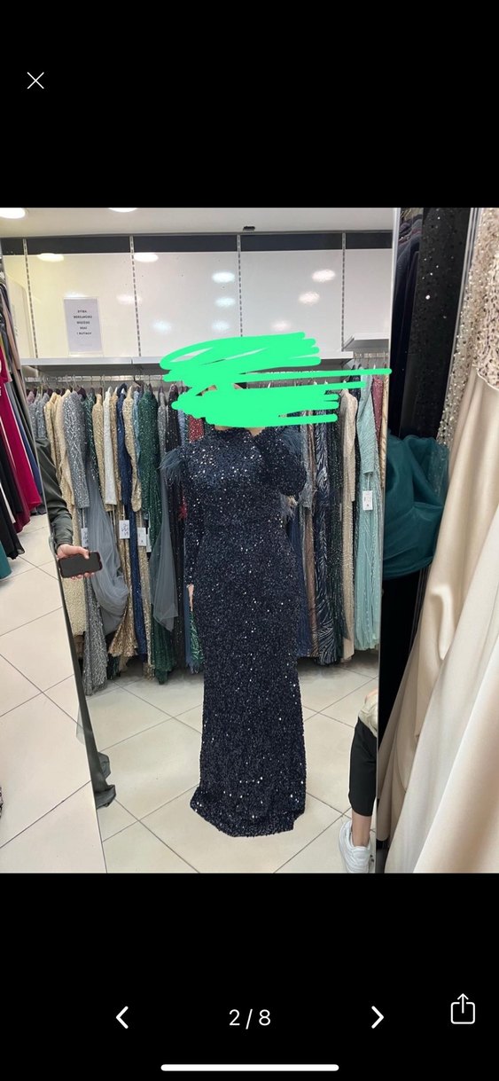 Koyu Lacivert Uzun Kollu Kürklü Abiye Elbise - Görsel 3