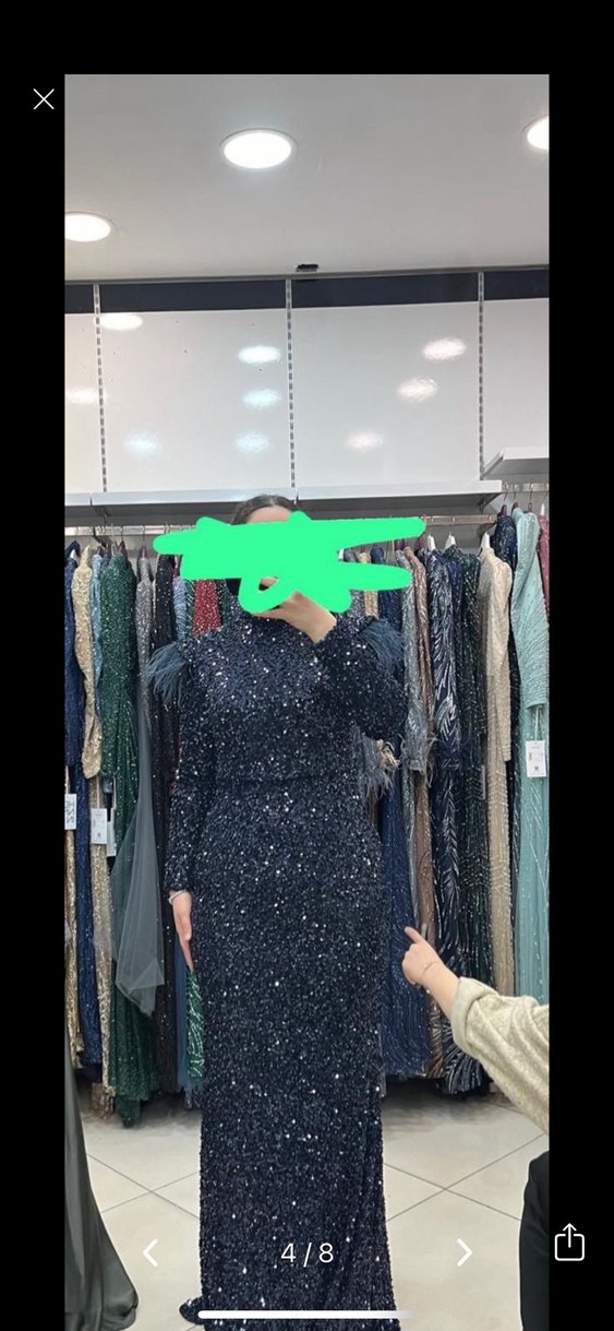 Koyu Lacivert Uzun Kollu Kürklü Abiye Elbise - Görsel 4