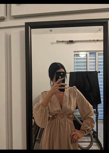 Diğer Kahverengi Deri Uzun V Yaka Elbise