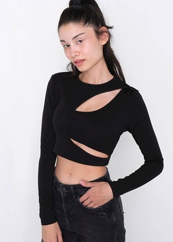 s Beden Siyah Kesikli Mini Denim Bluz