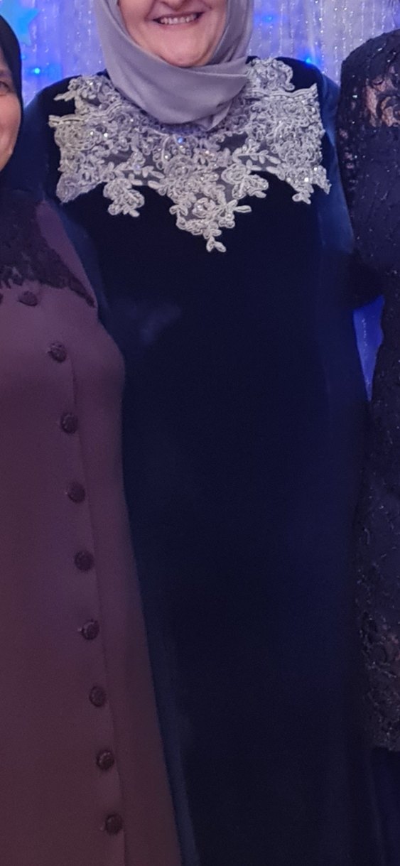 Lacivert kadife boncuk Yakalı Uzun Abiye Elbise - Görsel 2