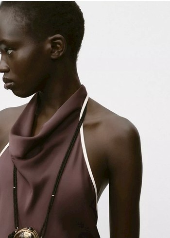 Kahverengi Uzun Drapeli saten Kadın Elbise - Görsel 2