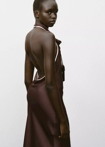 Kahverengi Uzun Drapeli saten Kadın Elbise - Görsel 4