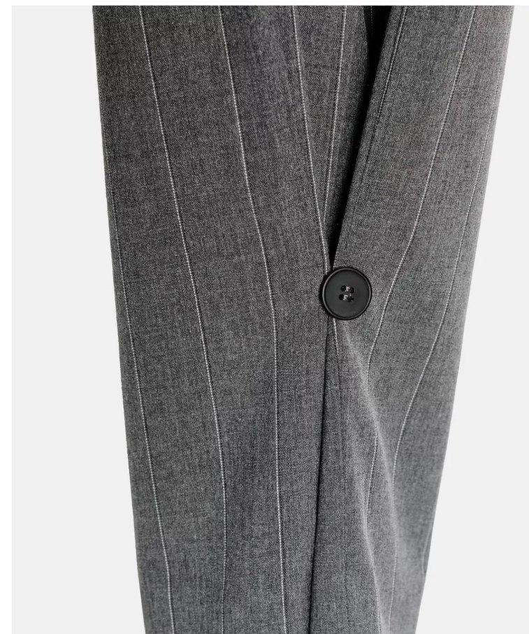 Düğmeli Gri Çizgili  Kadın Pantolon - Görsel 3