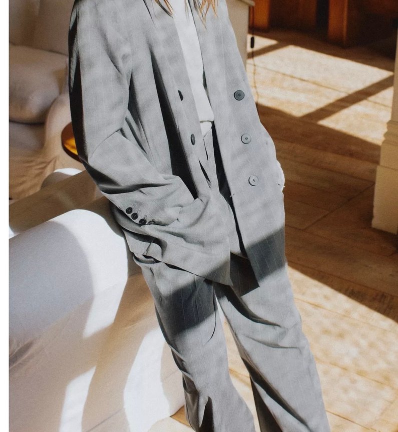 Düğmeli Gri Çizgili  Kadın Pantolon - Görsel 2