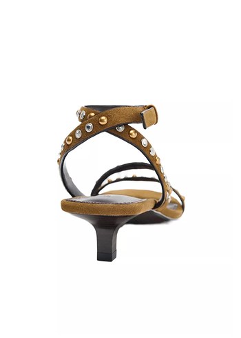 Bej Süet Tokalı  Deri Stiletto Topuklu Kadın Sandalet - Görsel 3