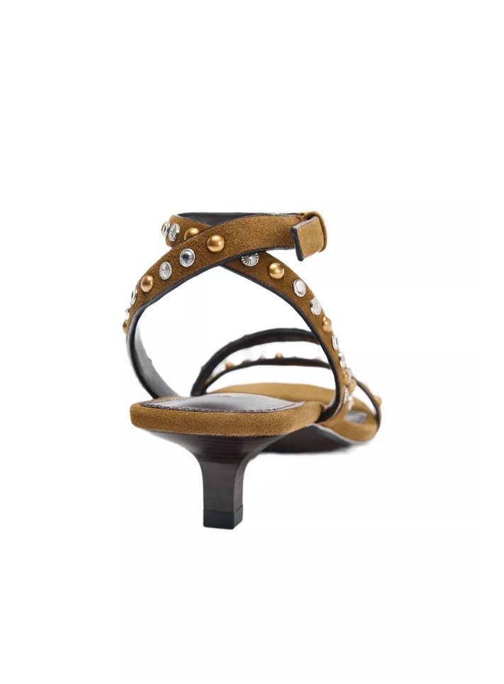 Bej Süet Tokalı  Deri Stiletto Topuklu Kadın Sandalet - Görsel 3