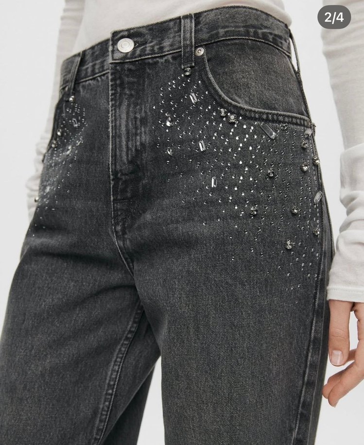 Gri Payetli Loose Fit Denim Pantolon - Görsel 2