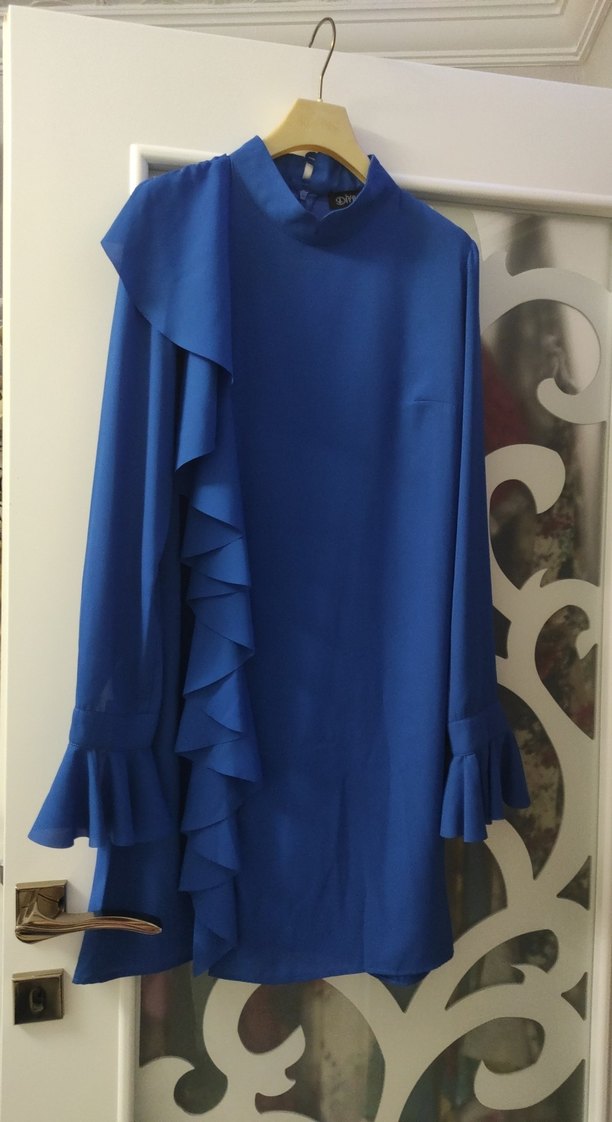 Uzun Kollu Fırfırlı Mavi Tunik - Görsel 3