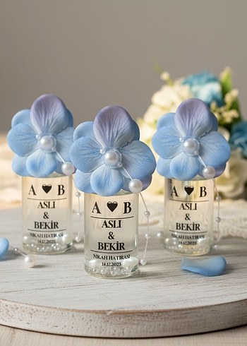 Mavi Çiçekli Nikah Hatırası Şişesi - Görsel 3