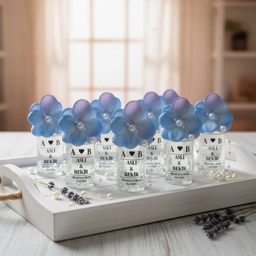 Mavi Çiçekli Nikah Hatırası Şişesi - Görsel 2