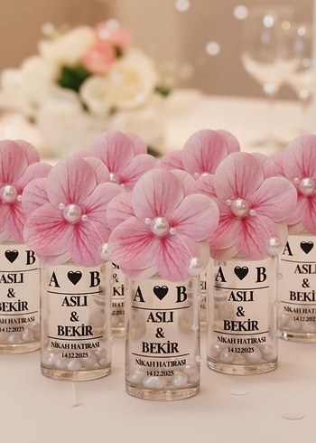 Pembe Çiçekli Nikah Hatırası Şişeleri - Görsel 3