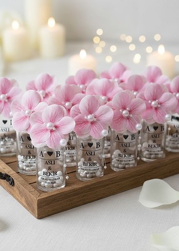 Pembe Çiçekli Nikah Hatırası Şişeleri - Görsel 2