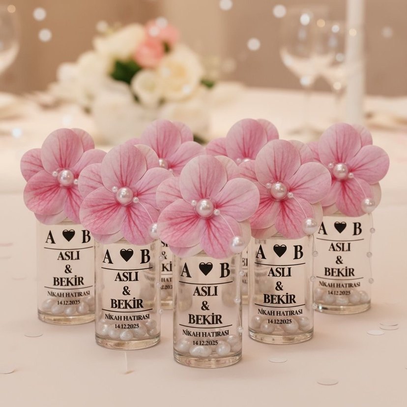 Pembe Çiçekli Nikah Hatırası Şişeleri - Görsel 3