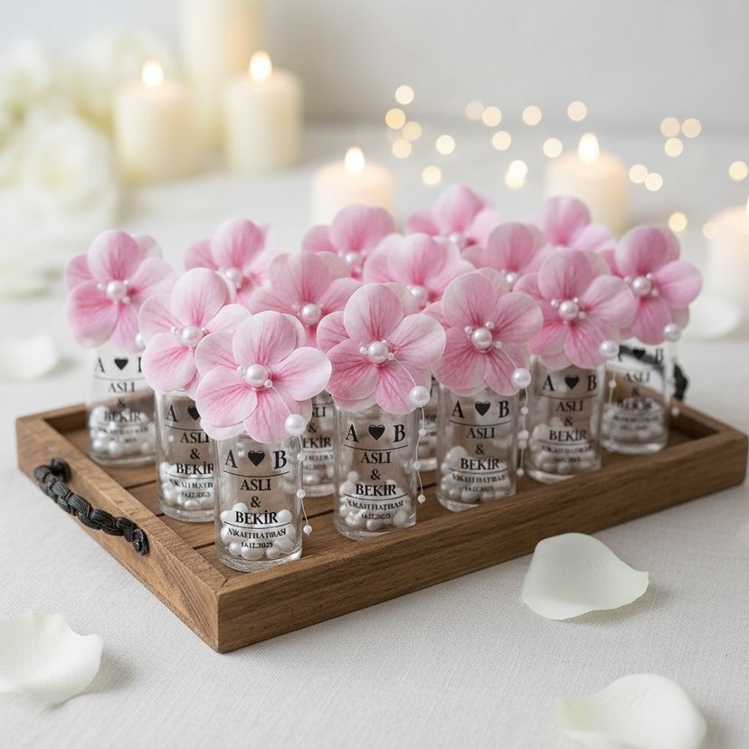 Pembe Çiçekli Nikah Hatırası Şişeleri - Görsel 2