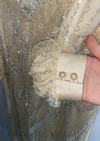 Bej İşlemeli Uzun Abiye Elbise - Görsel 8