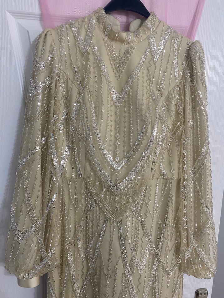 Bej İşlemeli Uzun Abiye Elbise - Görsel 4