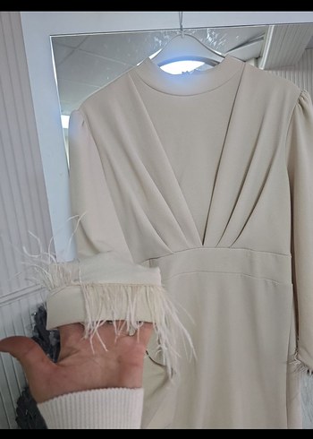 Bej Drapeli Kadın Uzun Abiye Elbise - Görsel 2