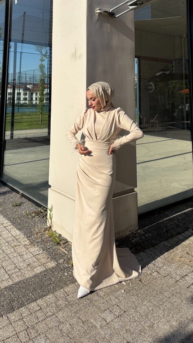 Bej Drapeli Kadın Uzun Abiye Elbise - Görsel 5