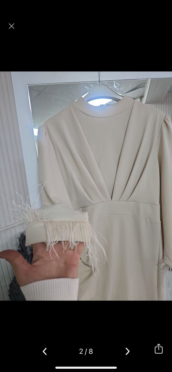 Bej Uzun Kollu Drapeli Abiye Elbise - Görsel 4