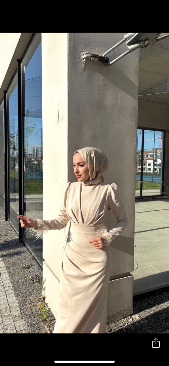 Bej Uzun Kollu Drapeli Abiye Elbise - Görsel 3