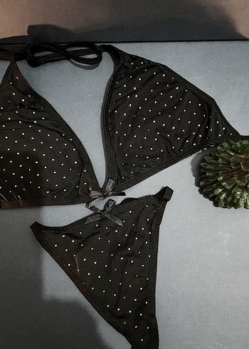 Siyah Gold Puantiyeli Mini Goth Sütyen Takımı - Görsel 2