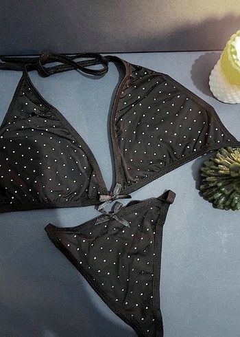 Siyah Gold Puantiyeli Mini Goth Sütyen Takımı - Görsel 3