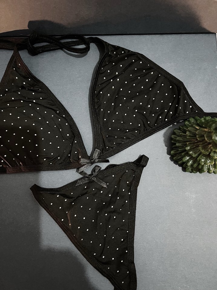 Siyah Gold Puantiyeli Mini Goth Sütyen Takımı - Görsel 2