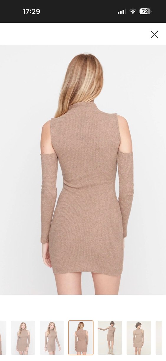 Bej Yüksek Yakalı Triko Elbise - Görsel 2