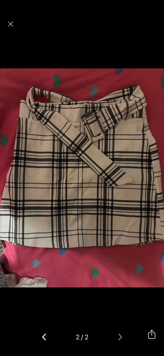 Beyaz Kareli Kemerli Mini Etek - Görsel 2