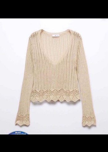 MANGO METALİK V Yaka Örgü Bohem Kadın Kazak - Görsel 2