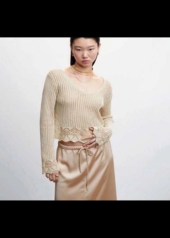 MANGO METALİK V Yaka Örgü Bohem Kadın Kazak - Görsel 5