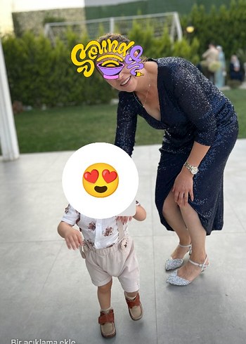 m Beden Parlak Lacivert V Yakalı Abiye Elbise