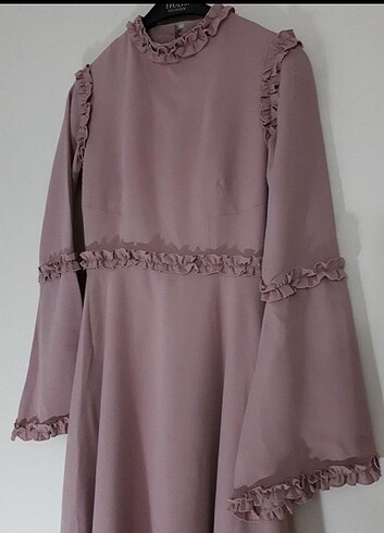 Tuay Pembe Zarif Fırfırlı Tesettür Abiye Elbise - Görsel 3