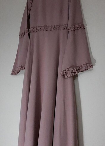 Tuay Pembe Zarif Fırfırlı Tesettür Abiye Elbise - Görsel 5
