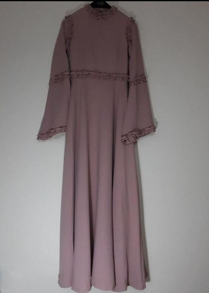 Tuay Pembe Zarif Fırfırlı Tesettür Abiye Elbise - Görsel 4