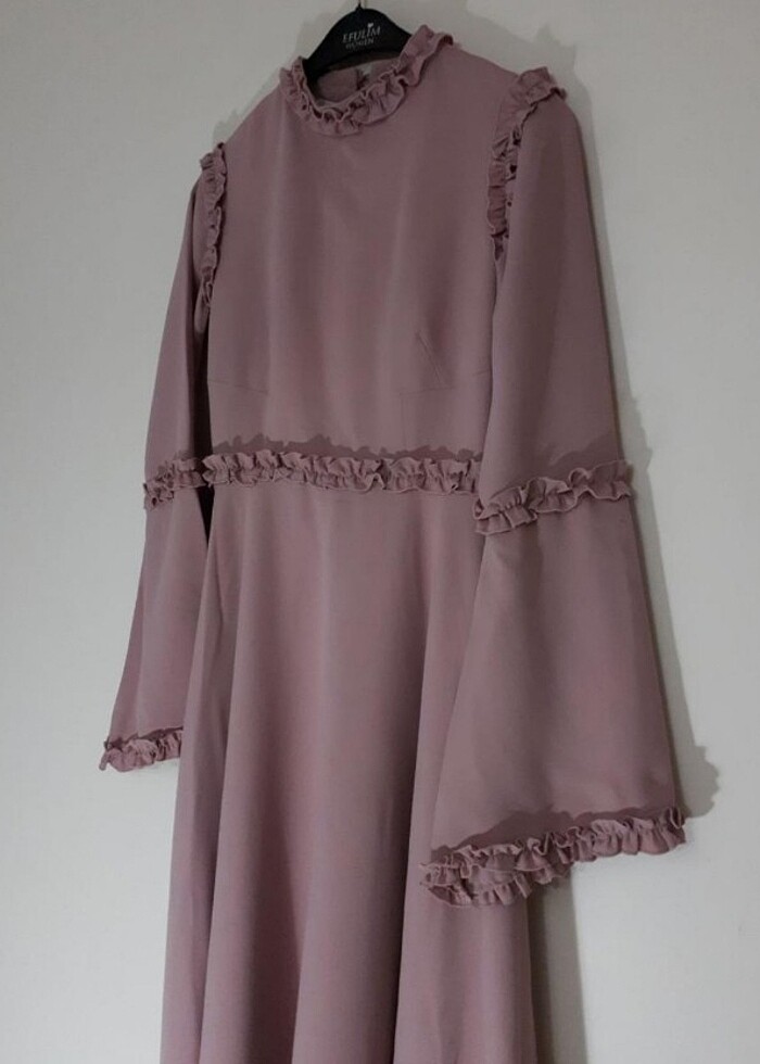 Tuay Pembe Zarif Fırfırlı Tesettür Abiye Elbise - Görsel 2