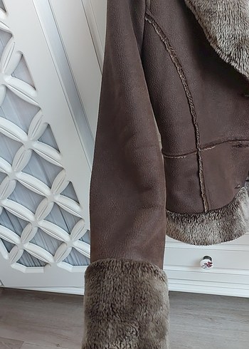 Adil Işık kalitesi ile Kürklü Kahverengi nubuk Kadın Ceket - Görsel 4