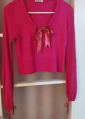 Pembe yuvarlak Yaka Fiyonklu Kadın Triko - Görsel 5