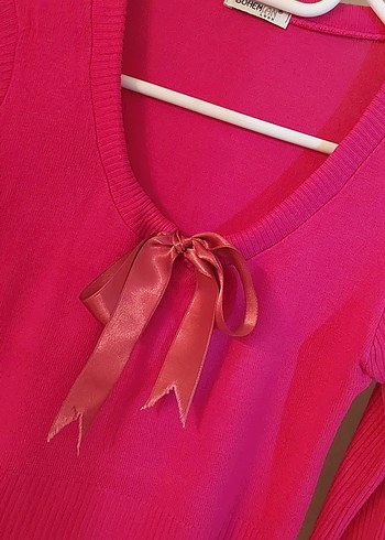 Pembe yuvarlak Yaka Fiyonklu Kadın Triko - Görsel 6