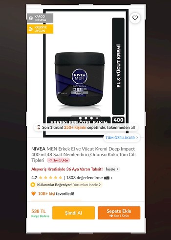 Beden Nivea Men Deep Impact El ve Vücut Kremi 400 ML