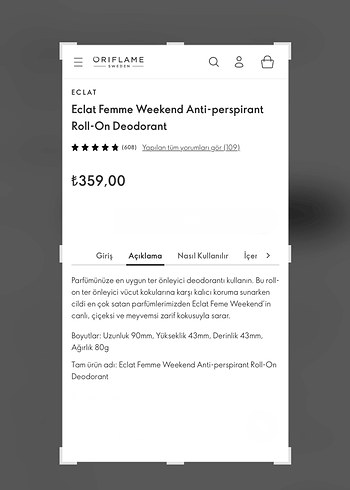 Beden Renk Oriflame Eclat Femme Kadın Roll-On Deodorant