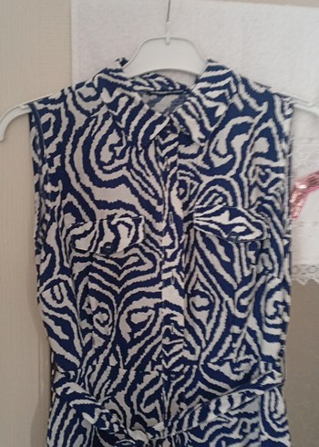 m Beden Uzun Boylu Mavi Gri Zebra Desenli Elbise