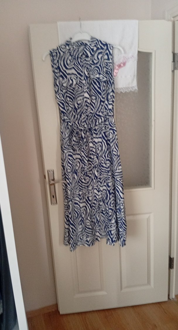 Uzun Boylu Mavi Gri Zebra Desenli  Elbise - Görsel 5