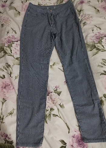 koton mavü beyaz çizgili keten pantolon - Görsel 2